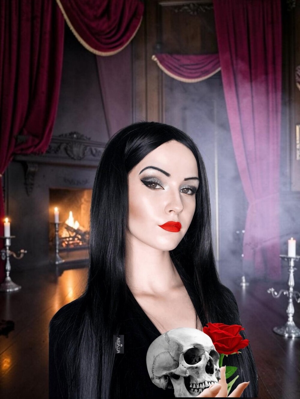 Morticia Inspired Black Straight Wig with Sleek Finish - New
